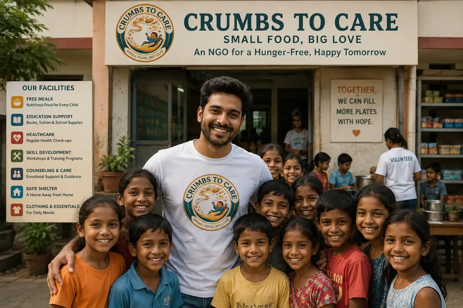 Crumbs to Care - founder with children at the NGO